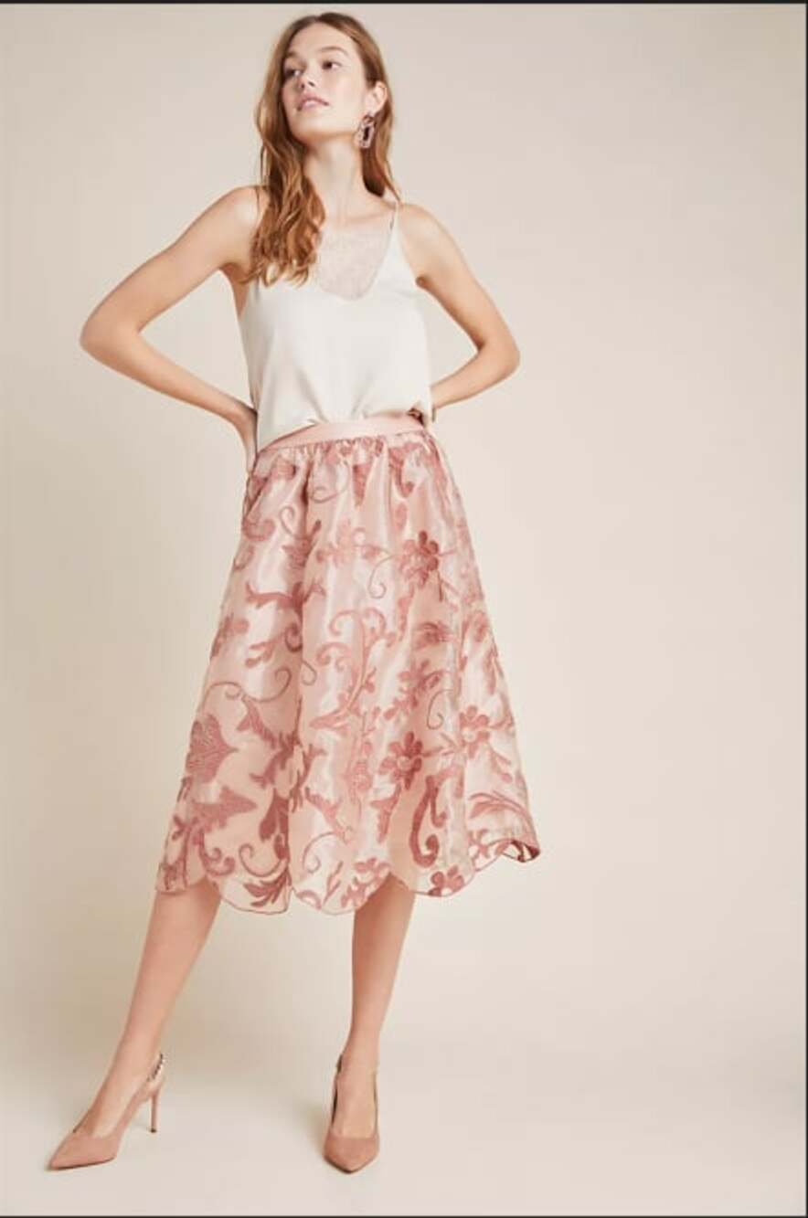 Maeve Anthropologie Shannon midi skirt pink embroidered floral XS EUC